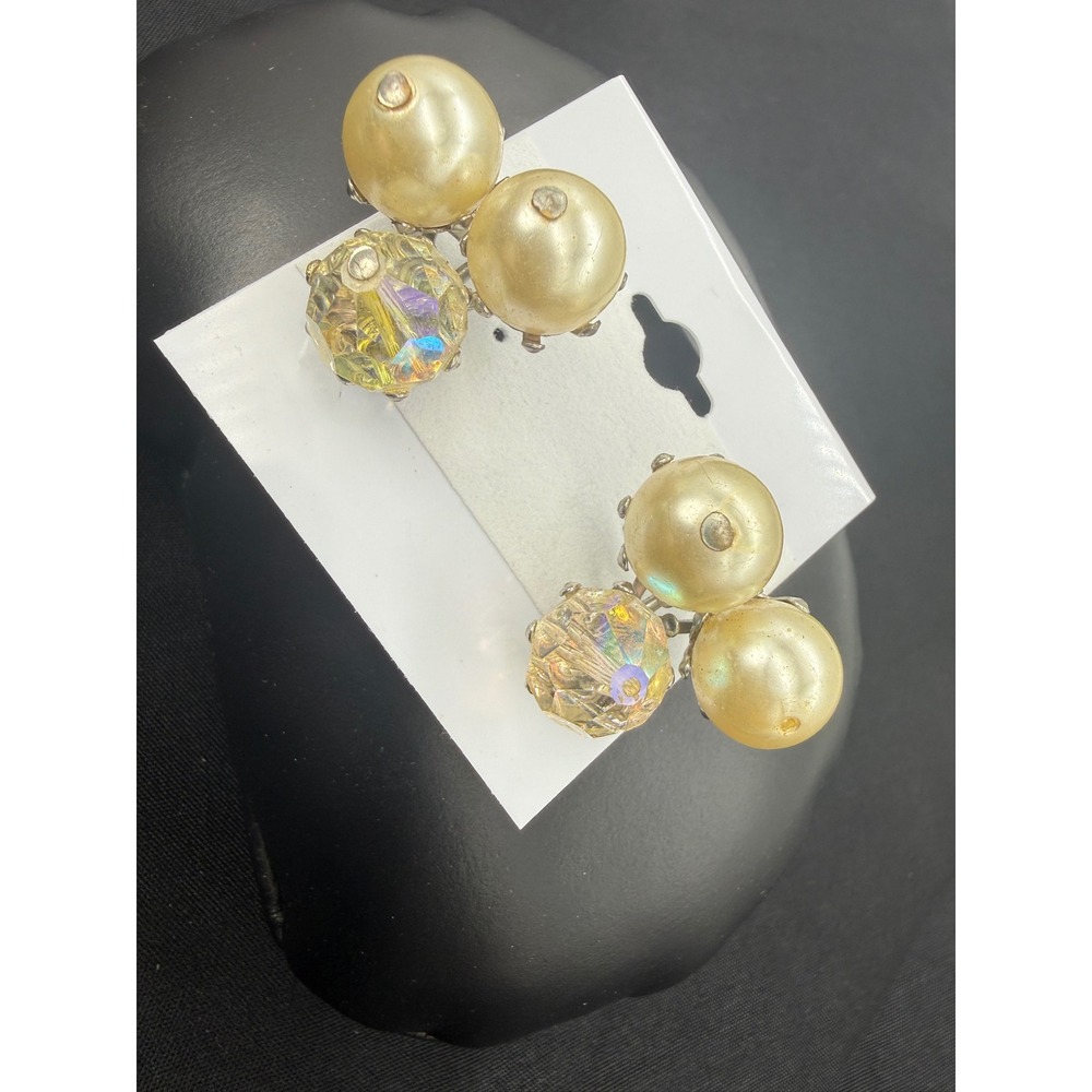 Vintage Faux Pearl AB Crystal Cluster Clip On Earrings Silver Tone Cream Round
